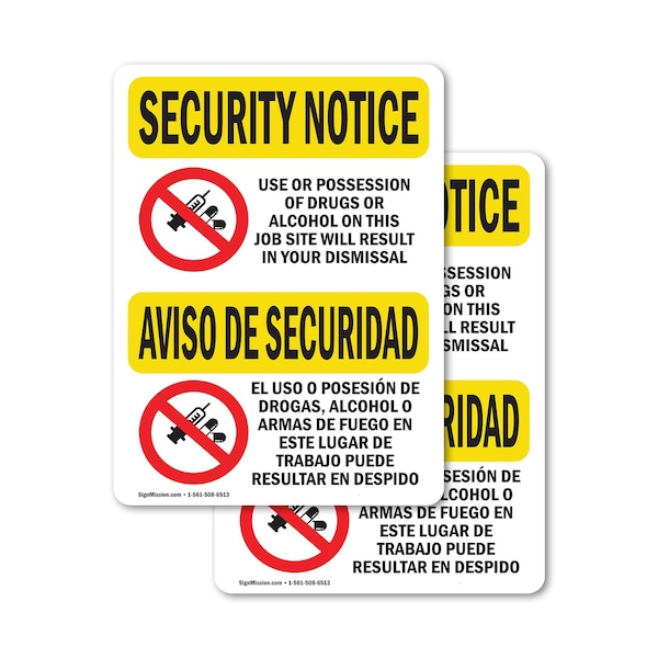 Signmission Drugs Or Alcohol Dismiss Bilingual OSHA Security Notice Sign, Vinyl Decal, 7in W x 10in L, 2PK OS-2PACK-SN-D-710-L-11530 - main